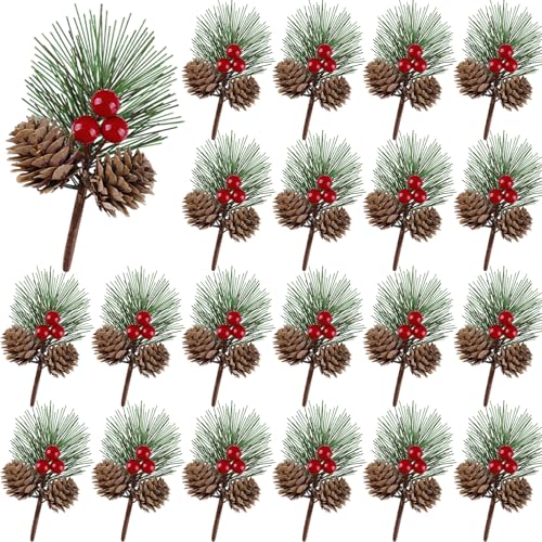 Rismise Christmas Simulation Pine Needles 25Pc Christmas Berry Picks and Sprays Pine Cone Holly Berry Stems Small Tiny Pine Cones Picks Evergreen Christma Berries for Xmas Home Decor DIY Garland Craft