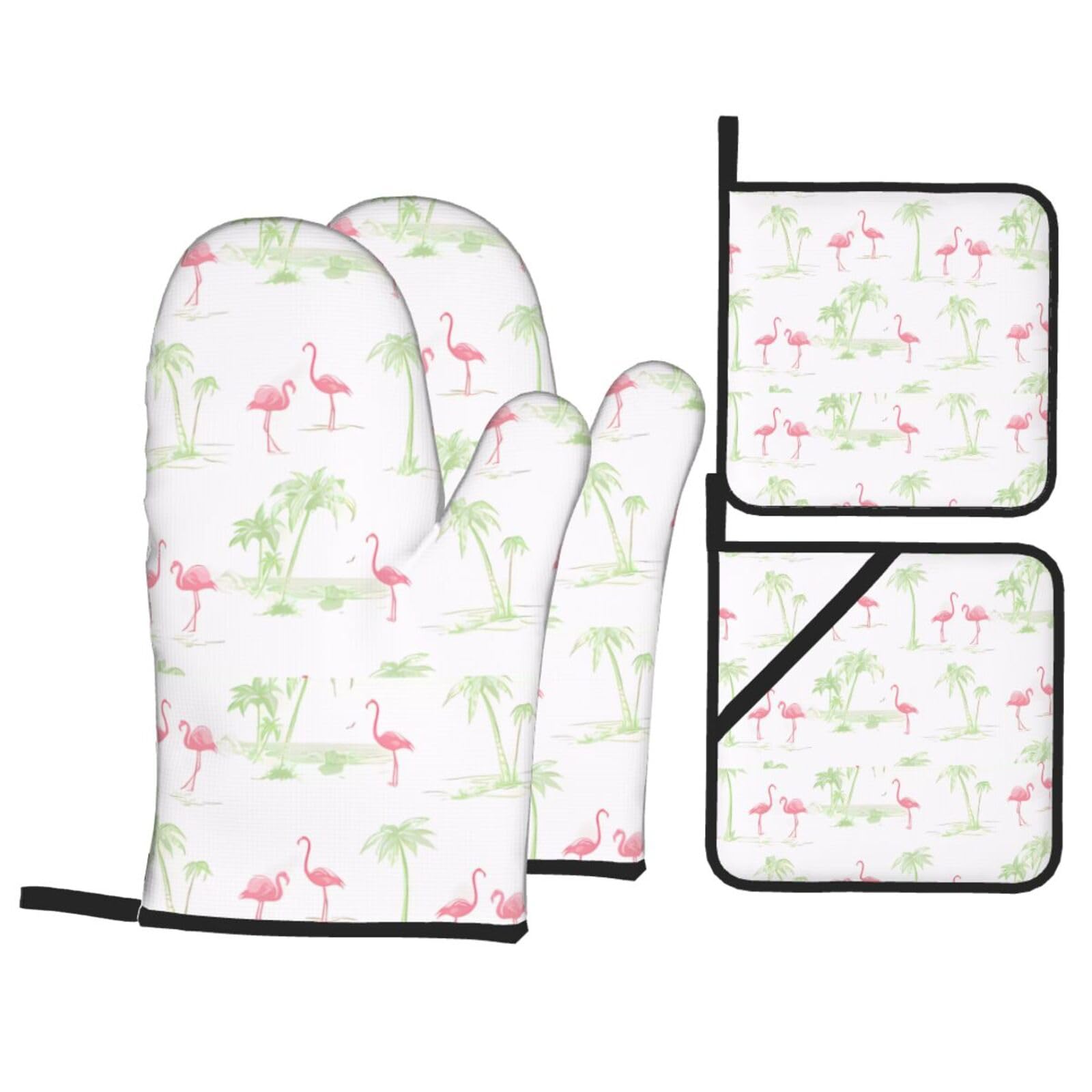 HJFCZH Pink Flamingos Prints Kitchen Throw Set: Durable Oven Layers with Waterproof Polyester – 4 Piece Heat Protection System