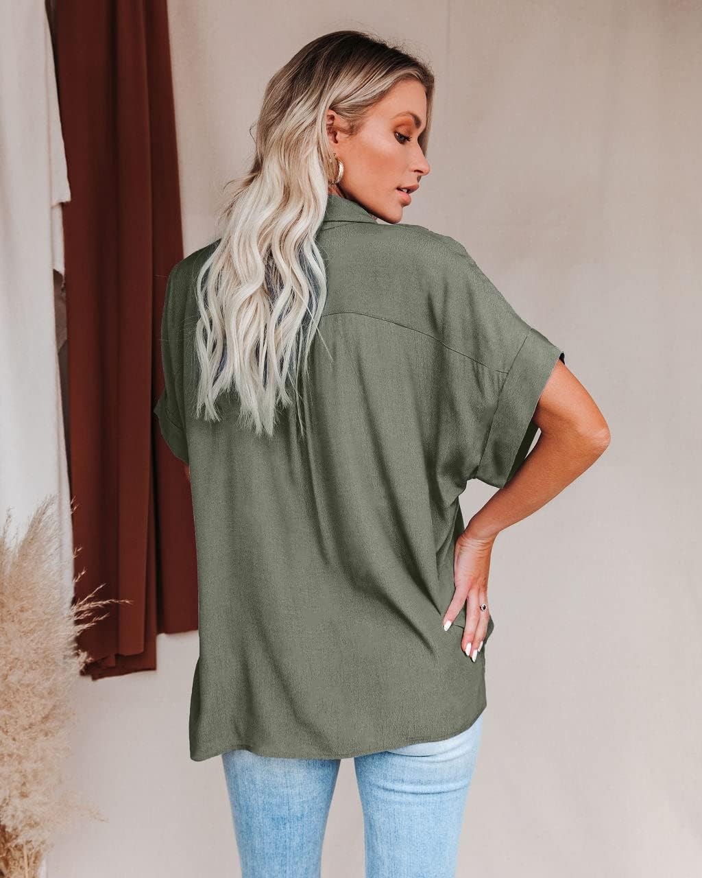 Pausus Women Chiffon Button Down Shirts with Pocket Short Sleeve Office Blouses V Neck Casual Business Tops Slim Fit Shirts - Image 3