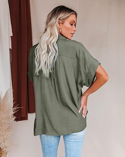 Miniatura 3 de Pausus Camisas de gasa con botones para mujer, con bolsillo, manga corta, blusas de oficina, cuello en V, casuales, para negocios, camisas ajustadas