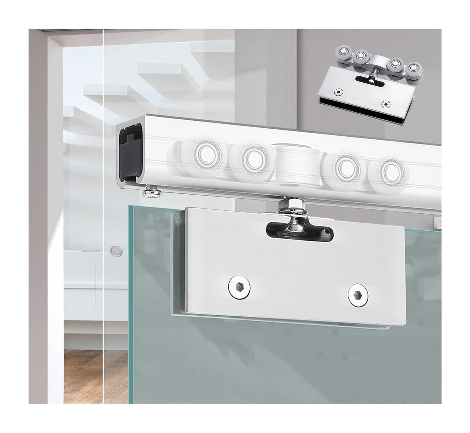 PALSINBY Sliding Glass Door Track Kit, Single Track 8 Wheel Sliding Glass Door Hardware Kit For 10-12mm 70-400cm(Silver,390cm (12.8ft))