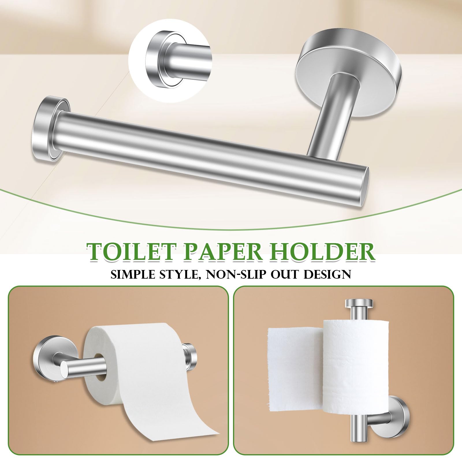 Set di 10 portasciugamani in nichel spazzolato, accessori per il bagno, include barra portasciugamani da 60 cm, anello per asciugamani rotondo e ganci in acciaio inox, set di portasciugamani da parete