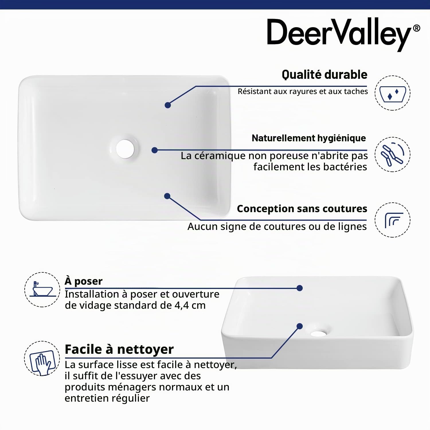 DeerValley Vasque à Poser,Lavabo Rectangulaire en Céramique Blanc pour Salle de Bains et WC, 505 x 340 mm