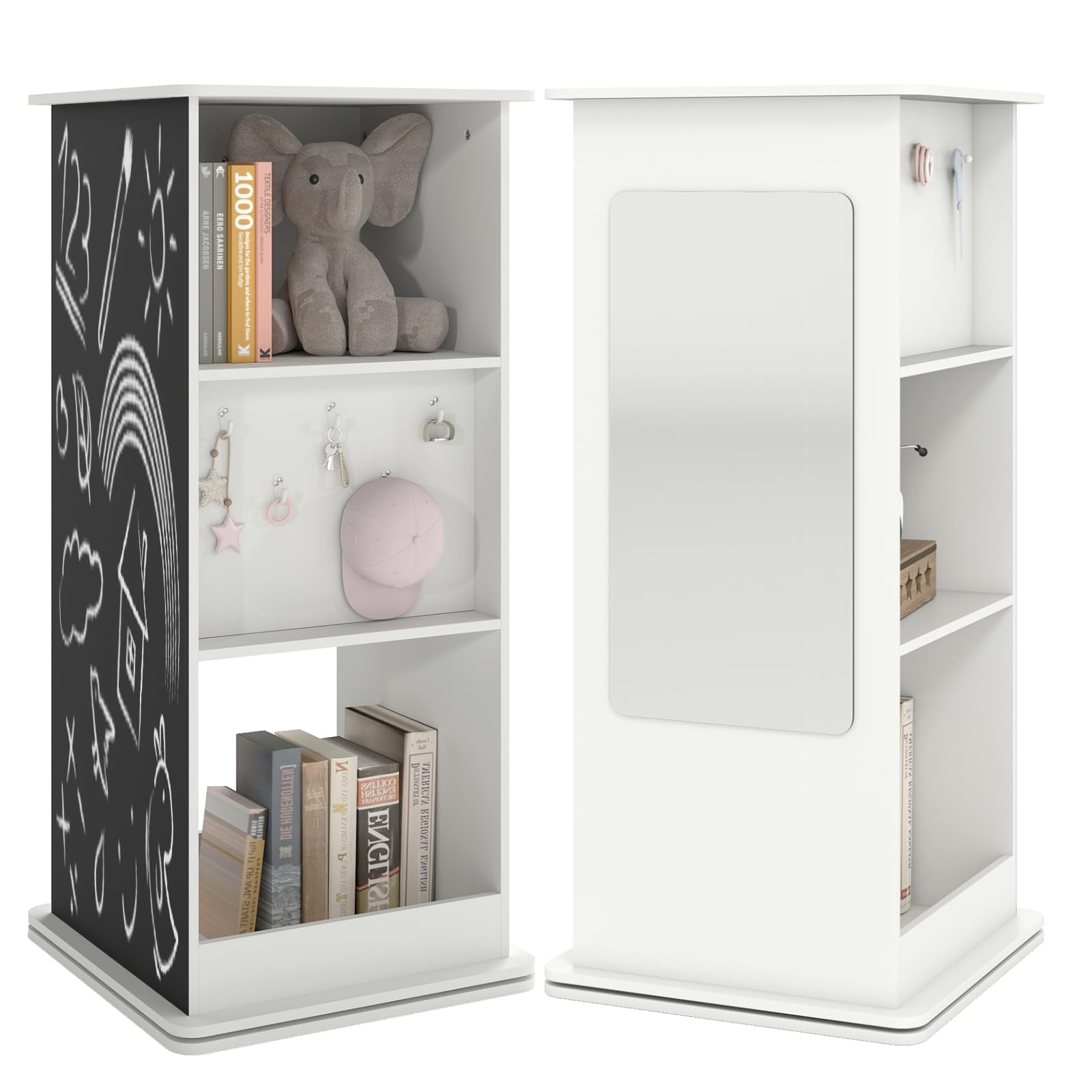 COSTWAY Bücherregal Kinder drehbar, Kinderregal mit Tafel & Spiegel, 3-stufiges Kinderbücherregal mit 8 Haken & offenen Fächern, Drehregal Spielzeugregal für Kinderzimmer, Wohnzimmer & Spielzimmer