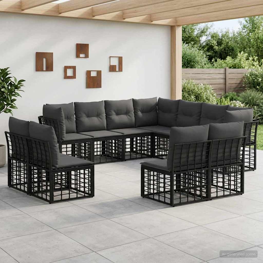 Ensemble de canapés d extérieur Noir en Polyester, canapé d Angle modulable 11 Places, Coussins résistants aux intempéries, pour Jardin Patio terrasse Balcon Lounge détente