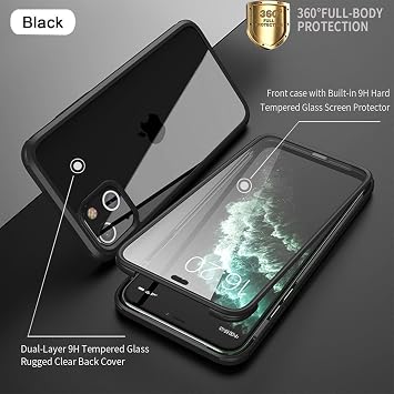 iPhone 13 Mini ケース スクリーンプロテクター付き 9Hハード強化ガラス内蔵 Magsafe用 クリア デュアルレイヤー 360 フルボディ保護 メンズ レディース iPhone 13 Mini 保護ケース 5.4インチ ブラック