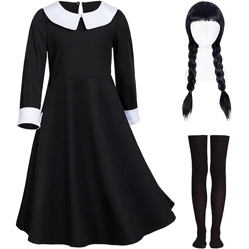 Black Dress Costume for Girls Dress Up with Wigand Socks - Birthday Party Halloween Cosplay Pure Black 10-11 Years