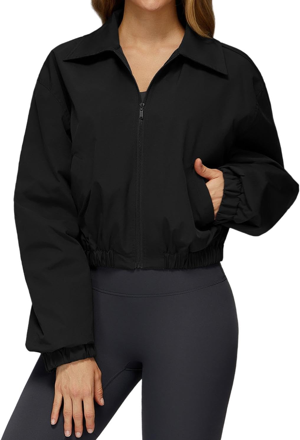 watersouprty Women's Loose Cropped Zipper Jacket Windproof Warm Athletic Running Coat