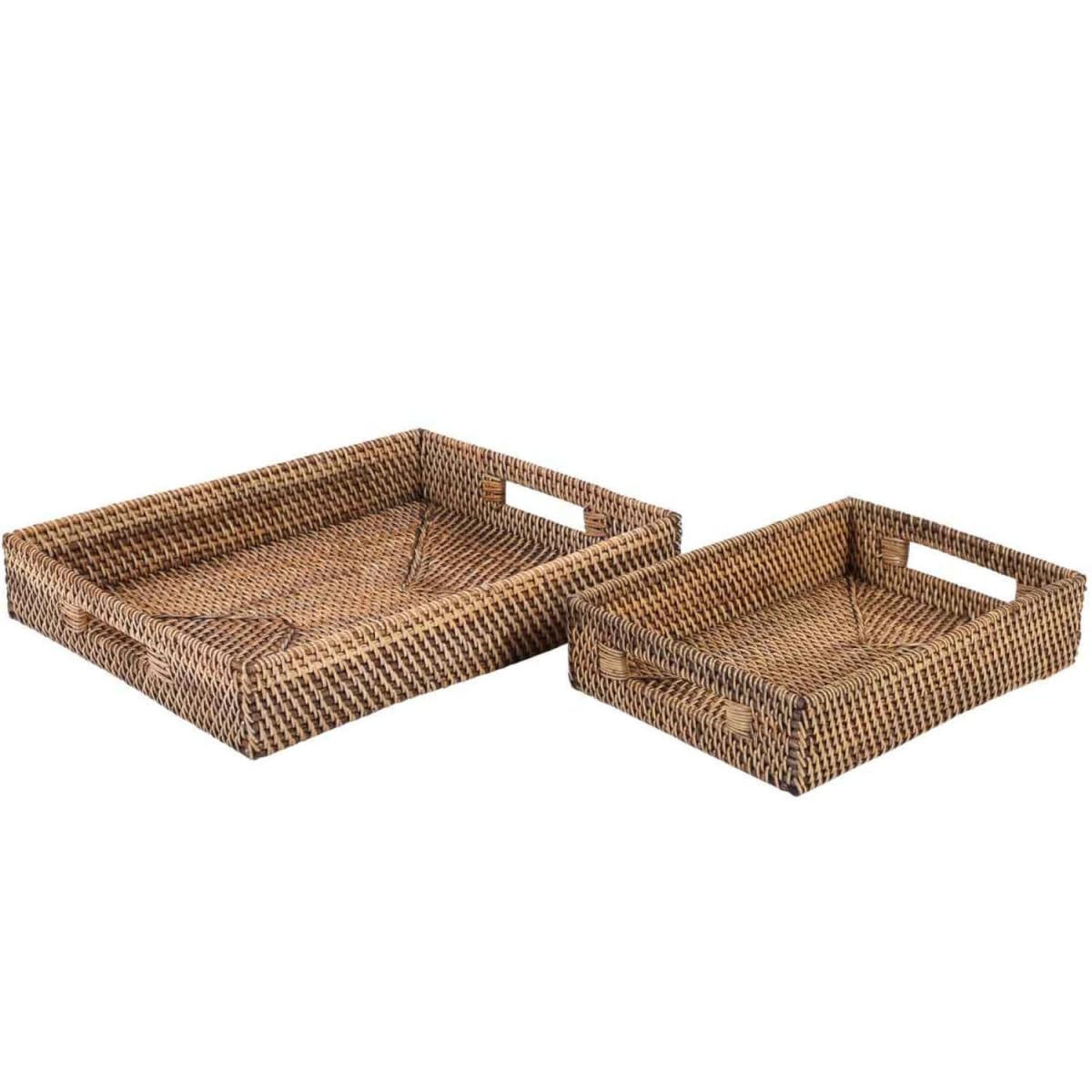 Lisa LOM20050 Lot de 2 plateaux de service rectangulaires en rotin naturel tressé marron | Plateau décoratif pour boissons, petit-déjeuner, service à thé – Plateau décoratif Boho Chic
