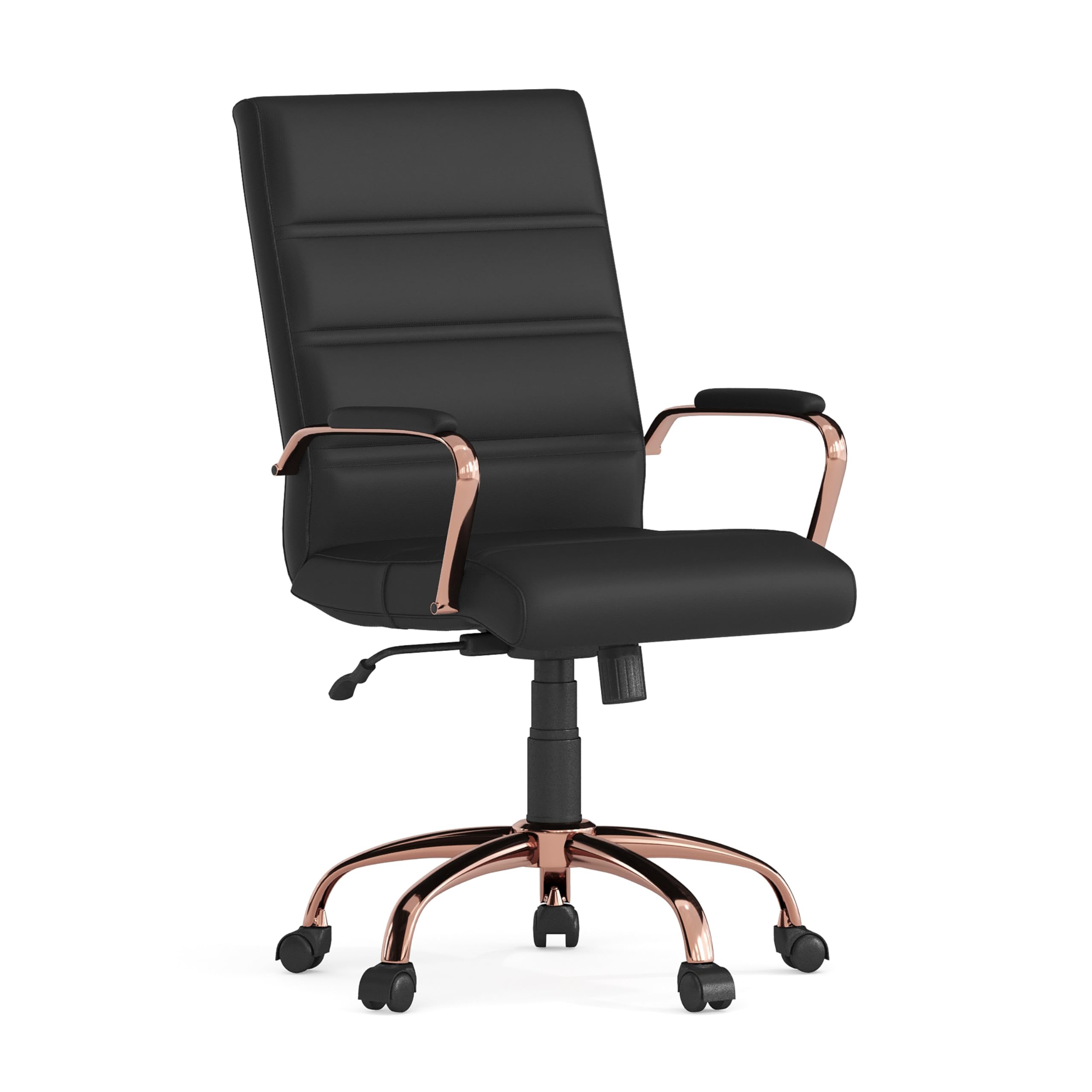 Flash Furniture Whitney - Silla de computadora giratoria de Piel Suave con Asiento Acolchado y reposabrazos, Altura Ajustable Acolchada, Piel Suave, Silla de Oficina, Negro/Oro Rosa - Black Leathersoft/Rose Gold Frame