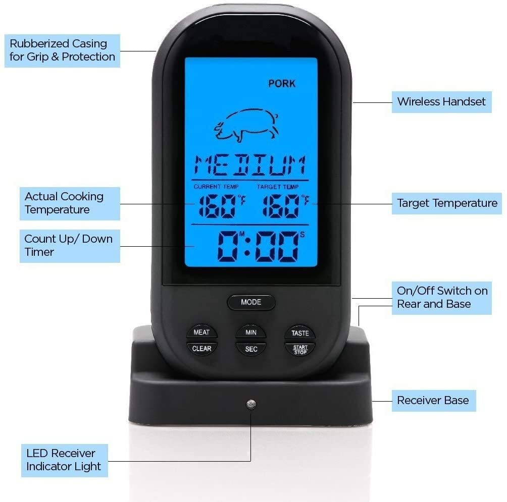 XMING Termometro per la carne digitale a distanza wireless per barbecue per fumatori grigliati, grill, forno, termometro alimentare, retroilluminato lettura istantanea, monitorare il cibo da 100 piedi