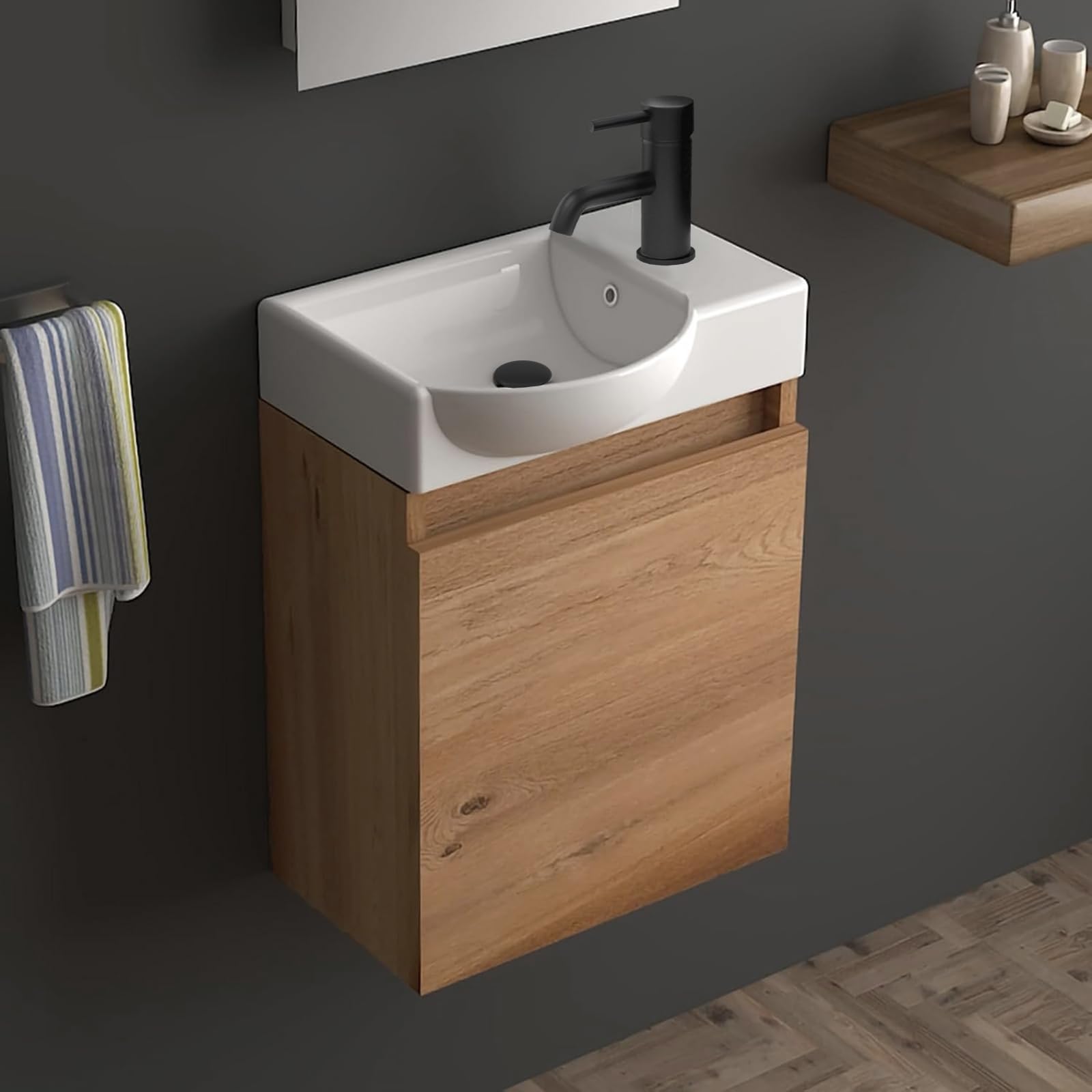 Planetmöbel Cosmia Ensemble de meubles de salle de bain avec meuble bas 50 x 60 x 35 cm, anthracite, robinet de salle de bain, lavabo en céramique avec porte dorée