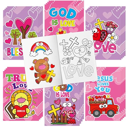 Image of Valentine's Day Coloring Books for Kids - 24Pcs Bulk Christian Theme Mini Coloring Booklet DIY Art Drawing Book for Toddlers Valentine Birthday Party Goodie Bags Stuffers Sunday School Classroom Favor