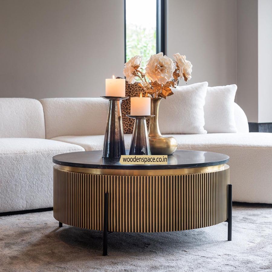 Image of WOODEN SPACE Premium Luxury Nazaara Marble-Top Coffee Table with Iron Legs & PVD Coating | Modern Round Wooden Center Table for Living Room & Entryway