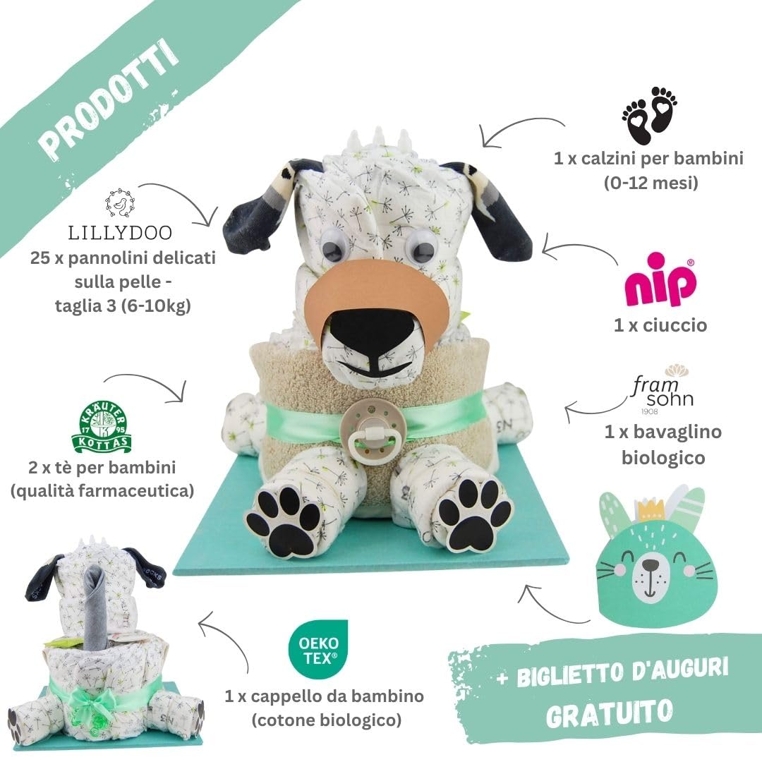 myBambini ® Torta di pannolini cane con muso amante degli animali - bambini e bambine - neutro unisex - regalo per la nascita - baby shower - bambino - prodotti per bambini - acquista torta