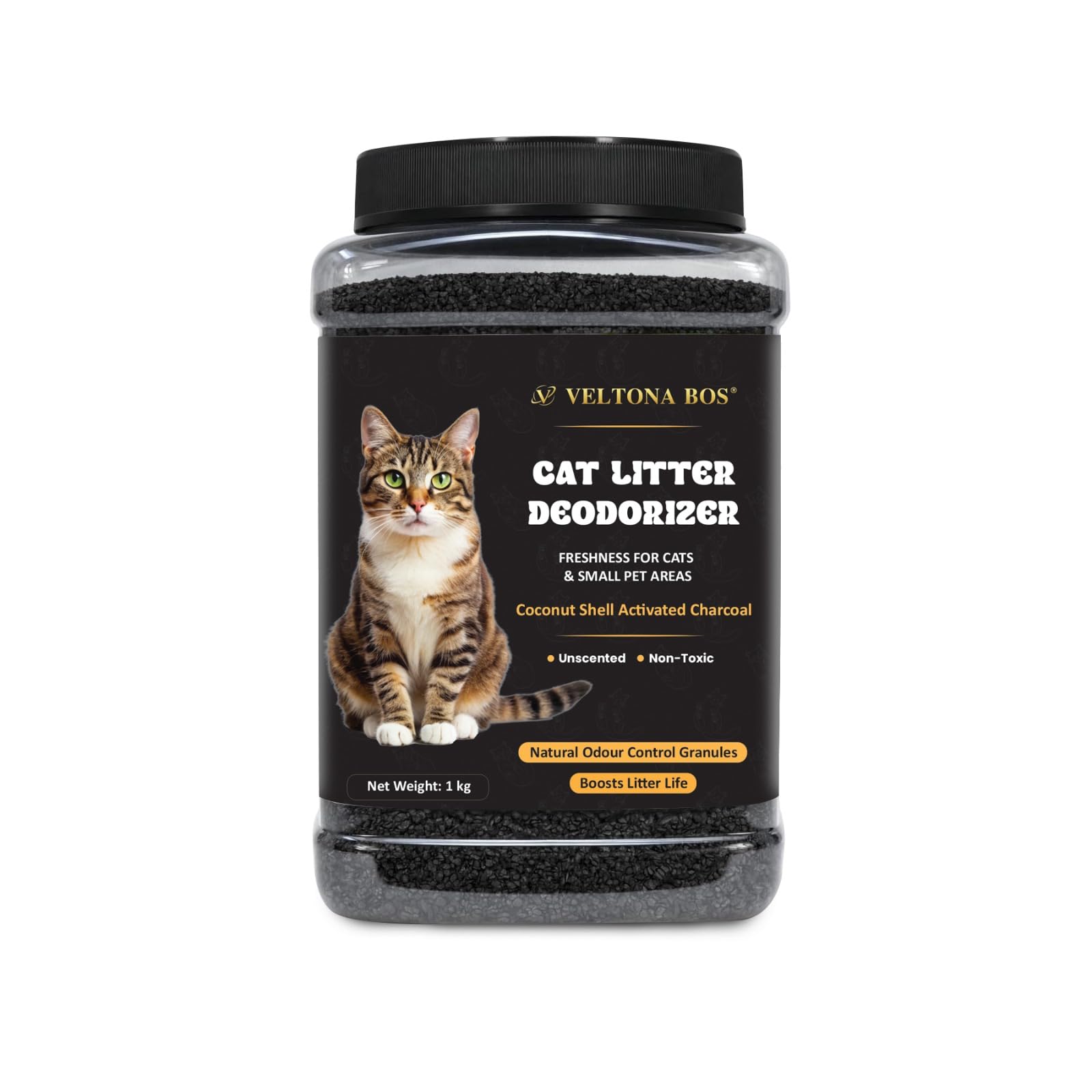 VELTONA BOS Activated Charcoal Cat Litter Deodorizer 1kg – Extends Up to 4 Months – Unscented Odour Eliminator for Litter Box, Coconut Shell Carbon Granules, Fragrance-Free & Non-Toxic