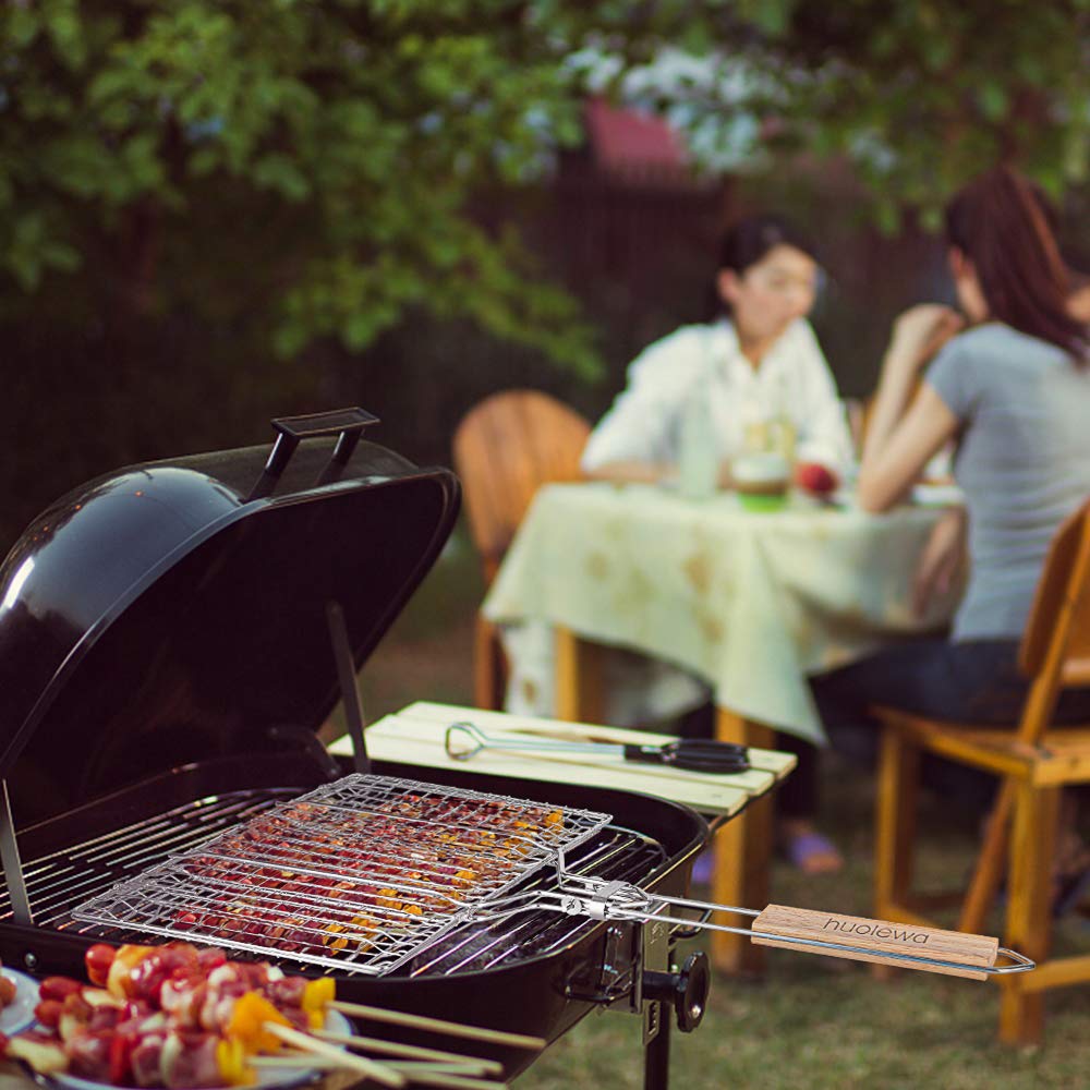Huolewa plegable Canasta de asado de pescado, canasta de parrilla de barbacoa de acero inoxidable 304 portátil, para parrilla pescado, camarón, incluye pincel para salsa y bolsa de almacenamiento