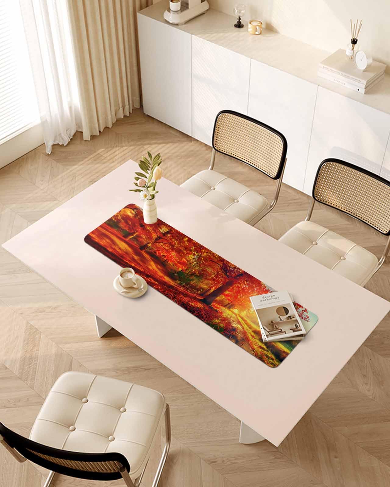 Debedcor Heat Proof Table Pads Waterproof Decorative, Fall Maple Leaf Non-Slip Table Countertop Protector, Farmhouse Sunlight Forest Insulation Mat for Kitchen Room, 40 x 12 Inches