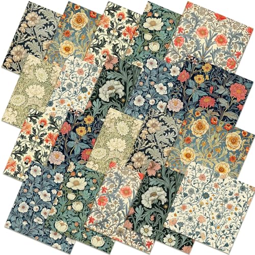 Hahafelt 10 Pcs William Morris Quilting Fabric Bundles 20x20 Vintage Floral Fat Quarters Flower Square Fabrics by The Yard Precut Quilted Patchwork for Summer Sewing DIY Craft Decor