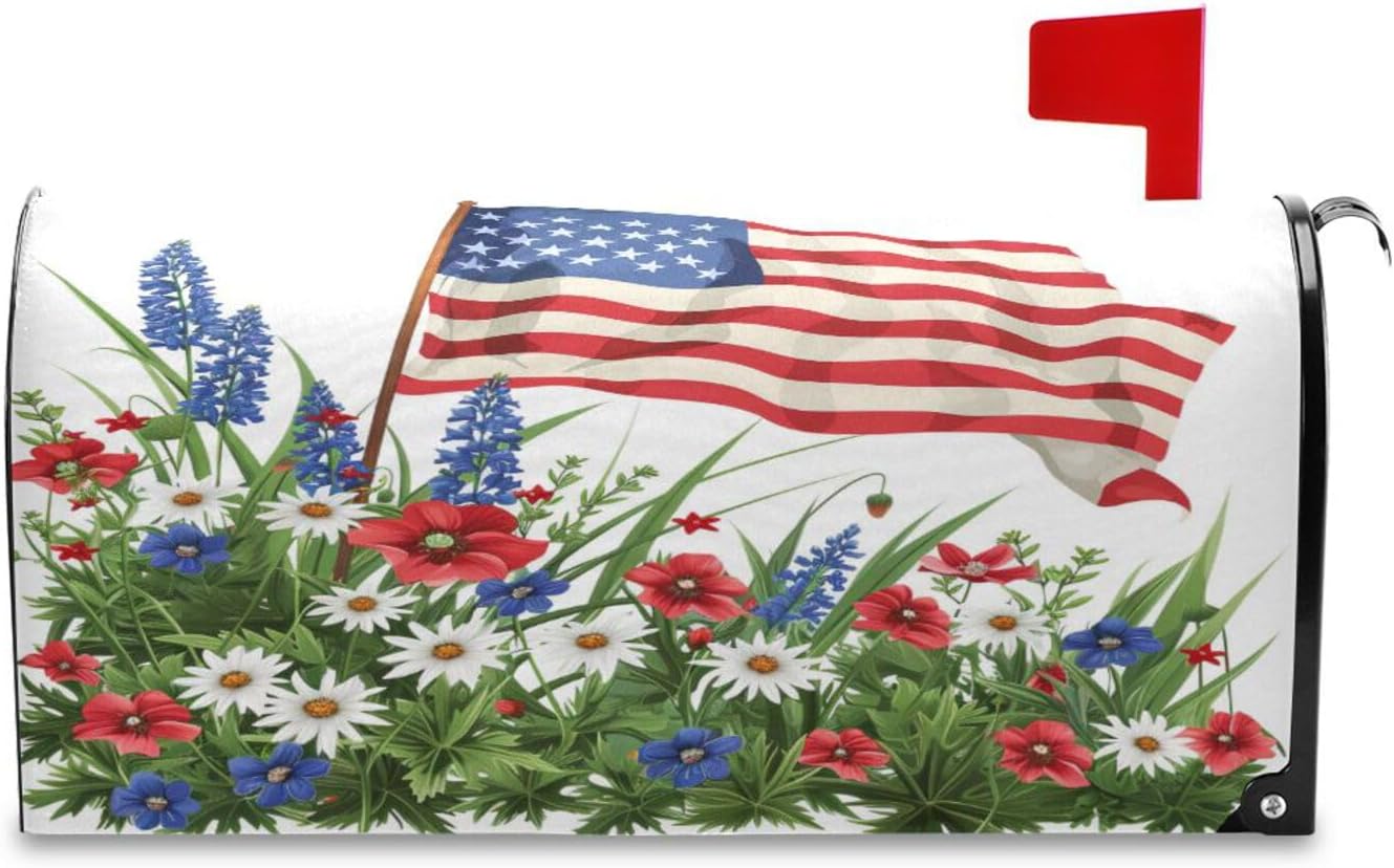 senya July Fourth Mailbox Covers, Wildflowers American Flag Mailbox Covers Oxford Cloth Post Box Cover with Magnetic Strip for Garden Yard Decor, 20.8x25.4in, B05X19006