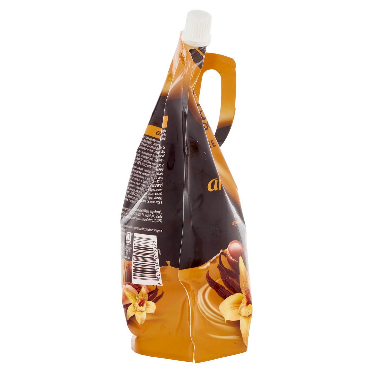 6 saponi Malizia Sapone Liquido – Sapone liquido con argan e vaniglia – Ideale per mani e viso – Busta di ricarica ecologica 1000 ml + portachiavi Beni Culinari