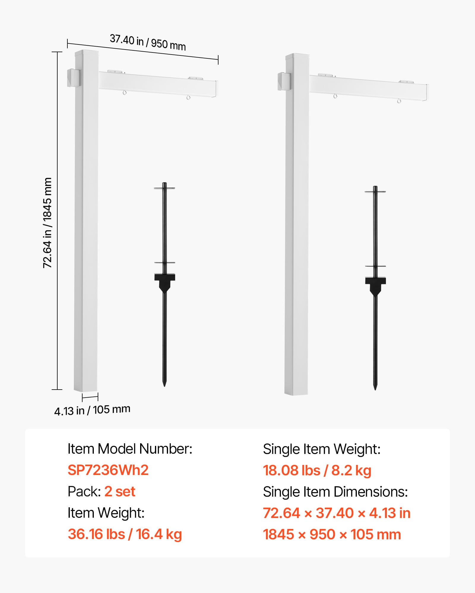 VEVOR Soporte de Carteles de Patio 1845 mm, 2 Piezas, Poste de Letrero para Inmobiliario, Brazo de 915 mm para Colgar Carteles de hasta 610 mm, PVC, con Estaca de Acero, Para Venta y Alquiler, Blanco