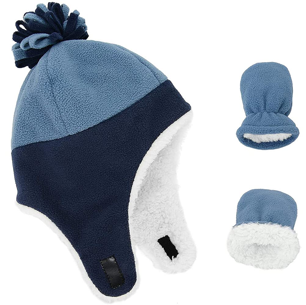 iNelihoo Kids Winter Toddler Hat Mittens Set - Blue - Pilot Trapper Hat with Earflaps & Lined Gloves - Size 2Y to 4Y - Unisex - Toddlers & Infants
