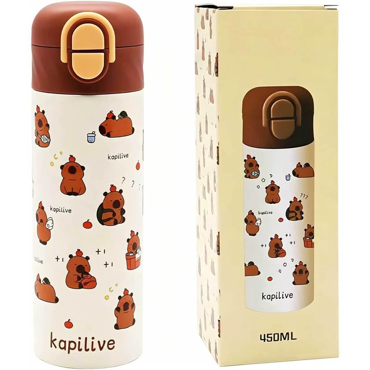 Cute Capybara Water Bottle, 450ml/15oz Capybara Stainless Steel Water Bottle Leak-Proof Vacuum Insulated Bottles with Straw Lids Double Walled Thermo Mug Cup for Daily Use School Outdoor Activities
