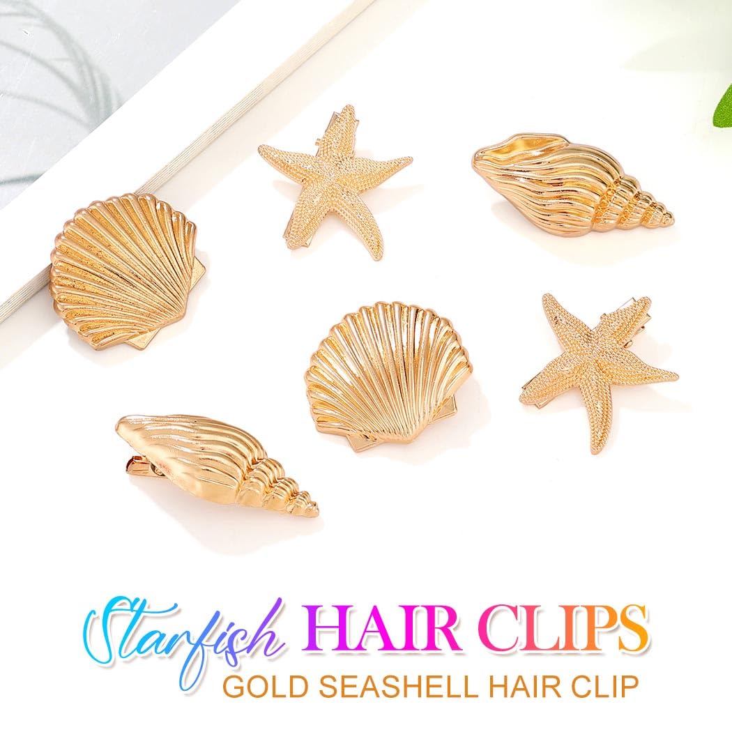 BARTOSI Beach Hair Clips Gold Seashell Hair Clip Starfish Hair Accessories for Women and Girls (Pack of 6)
