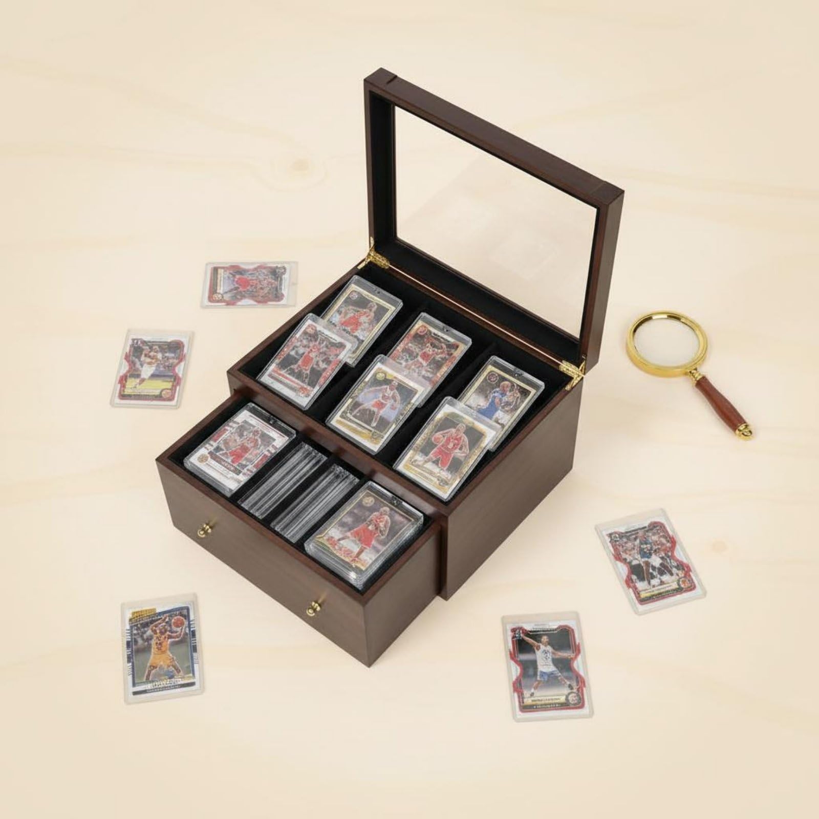 harayaa Vitrina para Cartas Caja Expositora Estuche Organizador de Madera Maciza con Tapa de Vidrio y Interior Acolchado Doble Compartimento y Cajón, Negro