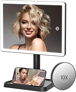 Rechargeable Makeup Mirror with Lights, 96 LED Lighted Makeup Vanity Mirror with Phone Holder and 10X Magnifying Mirror, 3Color Lighting Light Up Cosmetic Mirror with Dimmable Sensor Touch