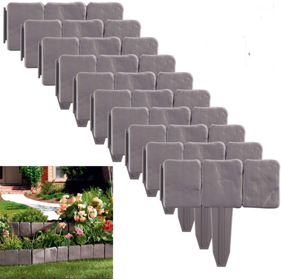 Xatan 10 Pack Garden Lawn Edging Plant Border, Grey Cobbled Stone Effect Hammer In Cobblestone Garden Border-Plant Bordering/Lawn Edging/Garden Border/Palisade Lakeland