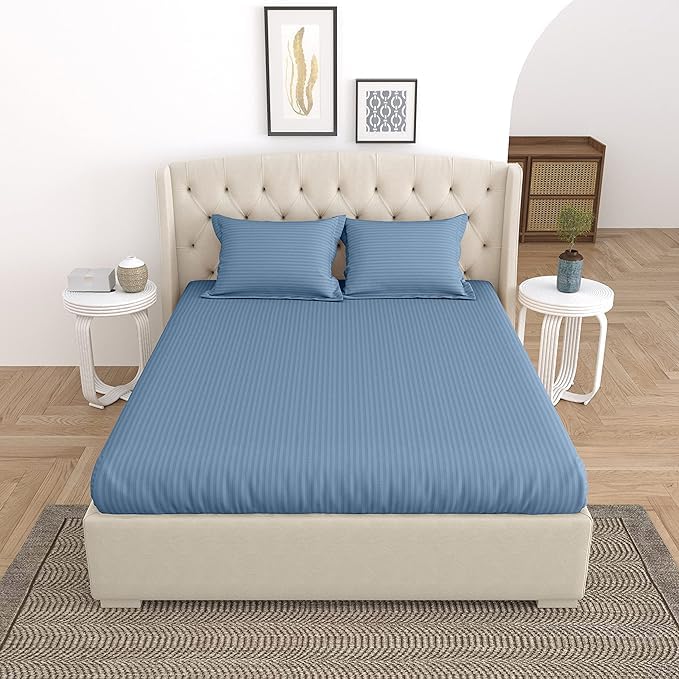DECOR2ADMIRE 300TC Cotton Plain Stripe Queen Size Double Bedsheet for Double Bed with Two Pillow Covers (Queen, Blue) (90 * 100 Inches) (B0DCQ7KVHN) Amazon Price History, Amazon Price Tracker