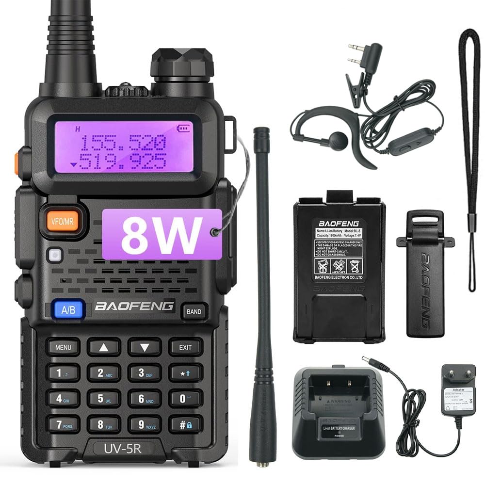 UV-5R 8W Walkie Talkie Haute Puissance FM Radio 128 canaux Radio Communication Transmetteur-récepteur avec écouteurs Noir