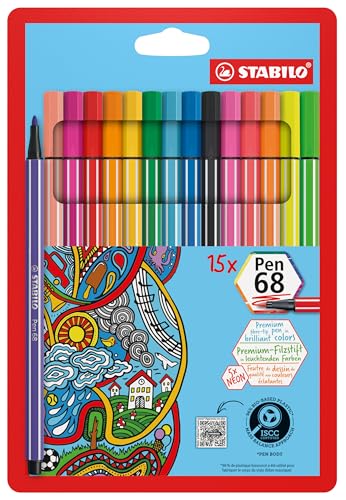 STABILO Pen 68 - Feutre dessin - Etui carton x 15 feutres de coloriage pointe moyenne - Coloris assortis dont 5 FLUO