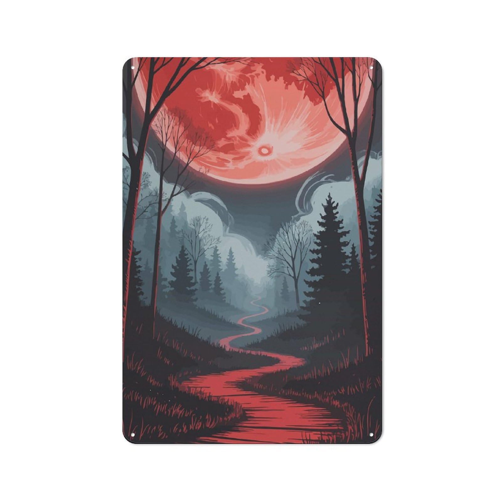 Junmoney Red Moonlit Forest Path Urban Metal Wall Decor 30X20cm, Metal Wall Art Sign For Loft, Studio, Office Or Creative Room