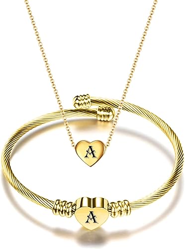 NIBASTAR Collar y pulsera con nombre de corazón para mujeres y niñas, de acero inoxidable, letras A-Z, inicial, conjunto de joyería, regalo para el