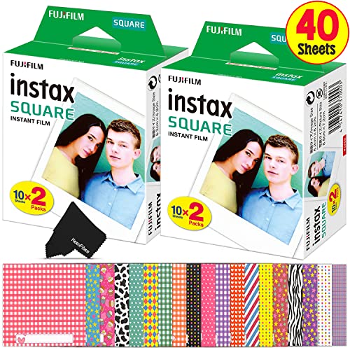Fujifilm Instax Square Instant Film, For Fujifilm Instax Square Sq6, Sq10, Sq20 Instant Cameras & Sp-3 + Colorful Sticker Frames + Herofiber Cloth, Compatible With Fujifilm Instax (40 Sheets) #TOP1