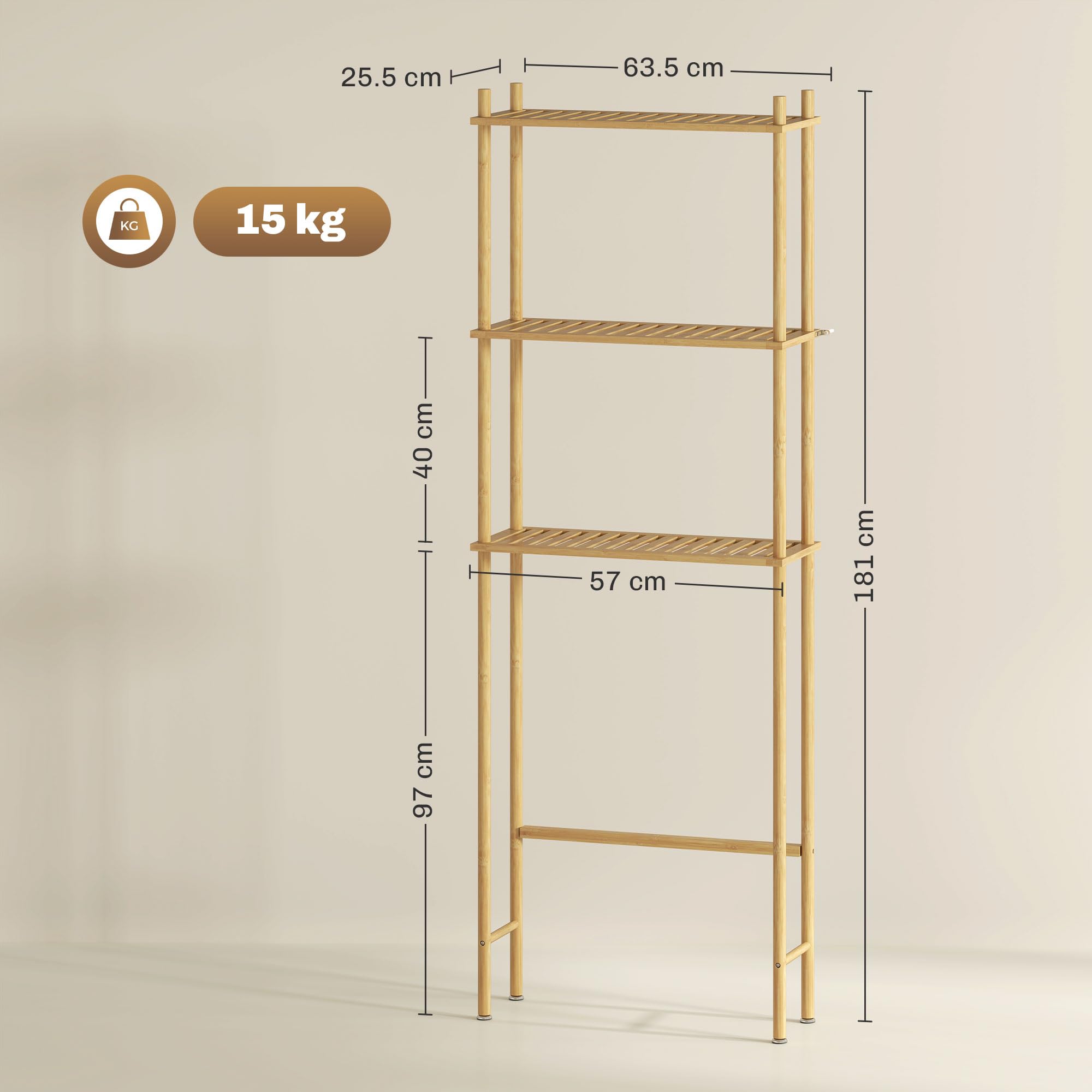 HOMCOM Scaffale da Bagno Sopra WC a 3 Ripiani, Mensola Portaoggetti da Bagno Salvaspazio in Bambù, Mobile Sopra Lavatrice per Lavanderia con Piedini Regolabili, Color Naturale