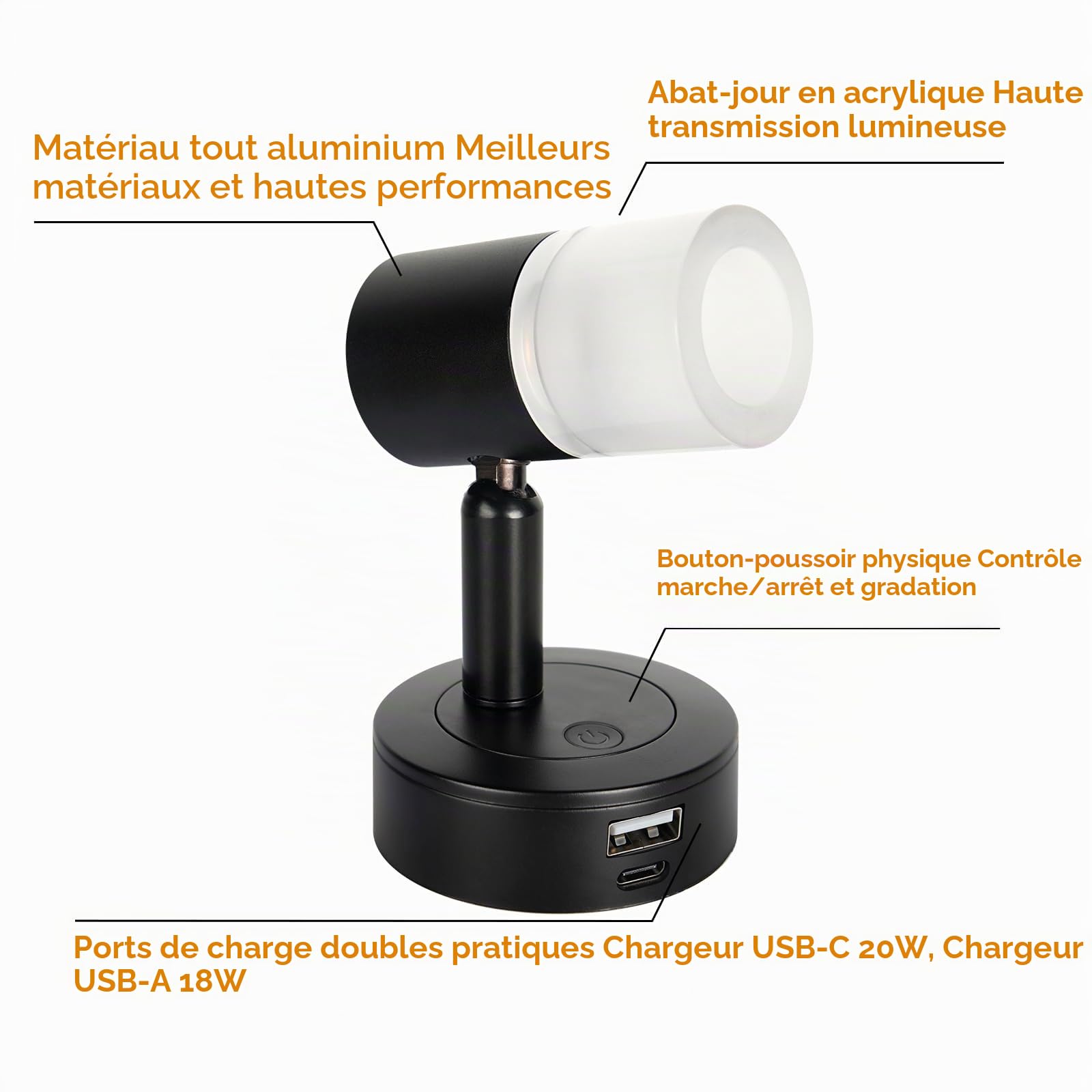 acegoo Lampe de Lecture LED 12V Camping-Car avec Chargeur USB Lit Murale Chevet Spot, Dimmable DC12-24V pour Bateau Cabine Camion Van Caravane Éclairage Intérieur, 3200K Noir