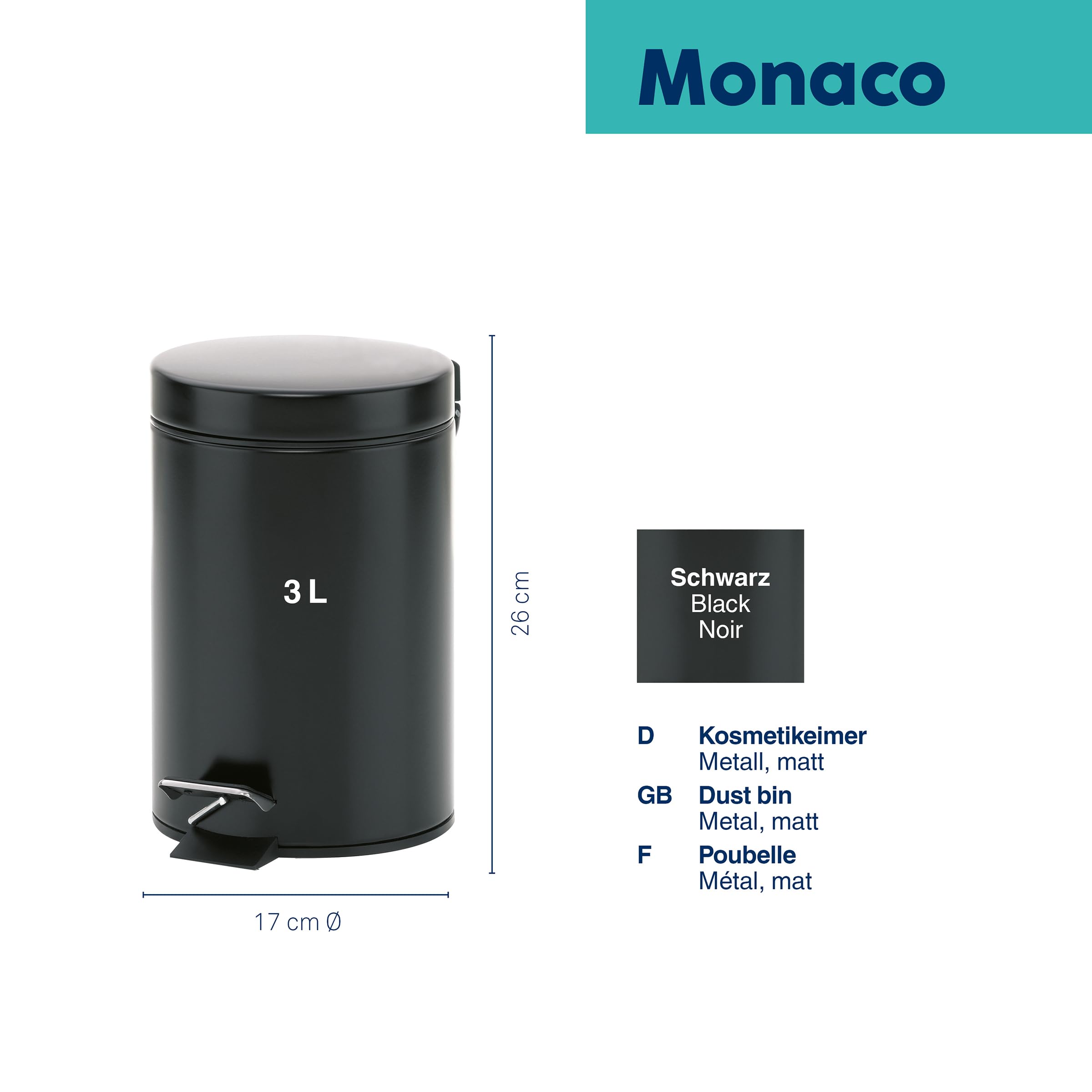 kela cestino per cosmetici nero 3 l, cestino a pedale in metallo per bagno, cestino da bagno con sacchetto interno e manici per il trasporto, MONACO, cestino nero opaco