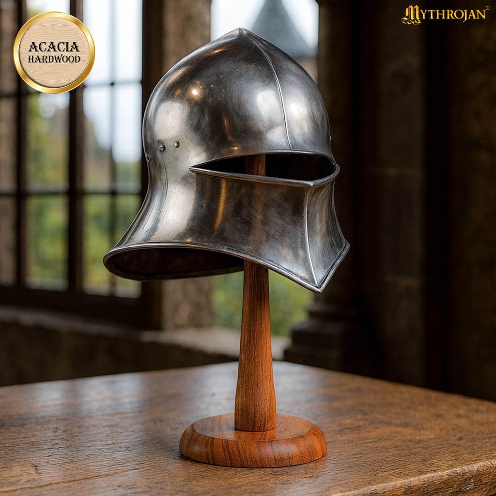 Mythrojan Support de casque en bois, présentoir polyvalent pour casques médiévaux, chapeaux, accessoires | Présentoir rond sur pied pour chapeaux de mode, casques médiévaux, 14,5 pouces – Naturel