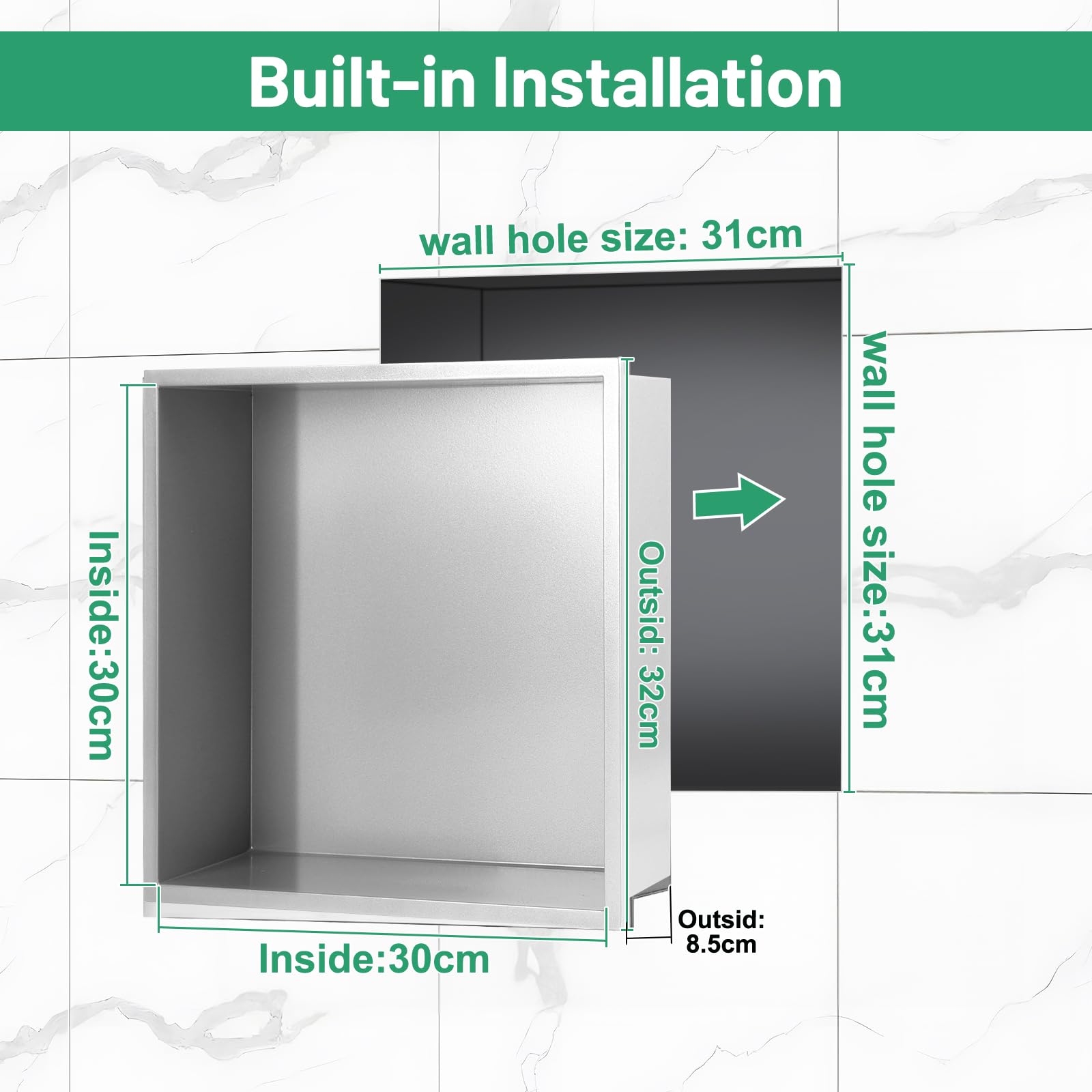 DBREAKS Nicho de pared de acero inoxidable 32 x 32 x 8,5 cm, nicho de ducha plateado, almacenamiento incrustado, nicho de ducha de acero inoxidable, nicho de pared para baño, estante de ducha sin