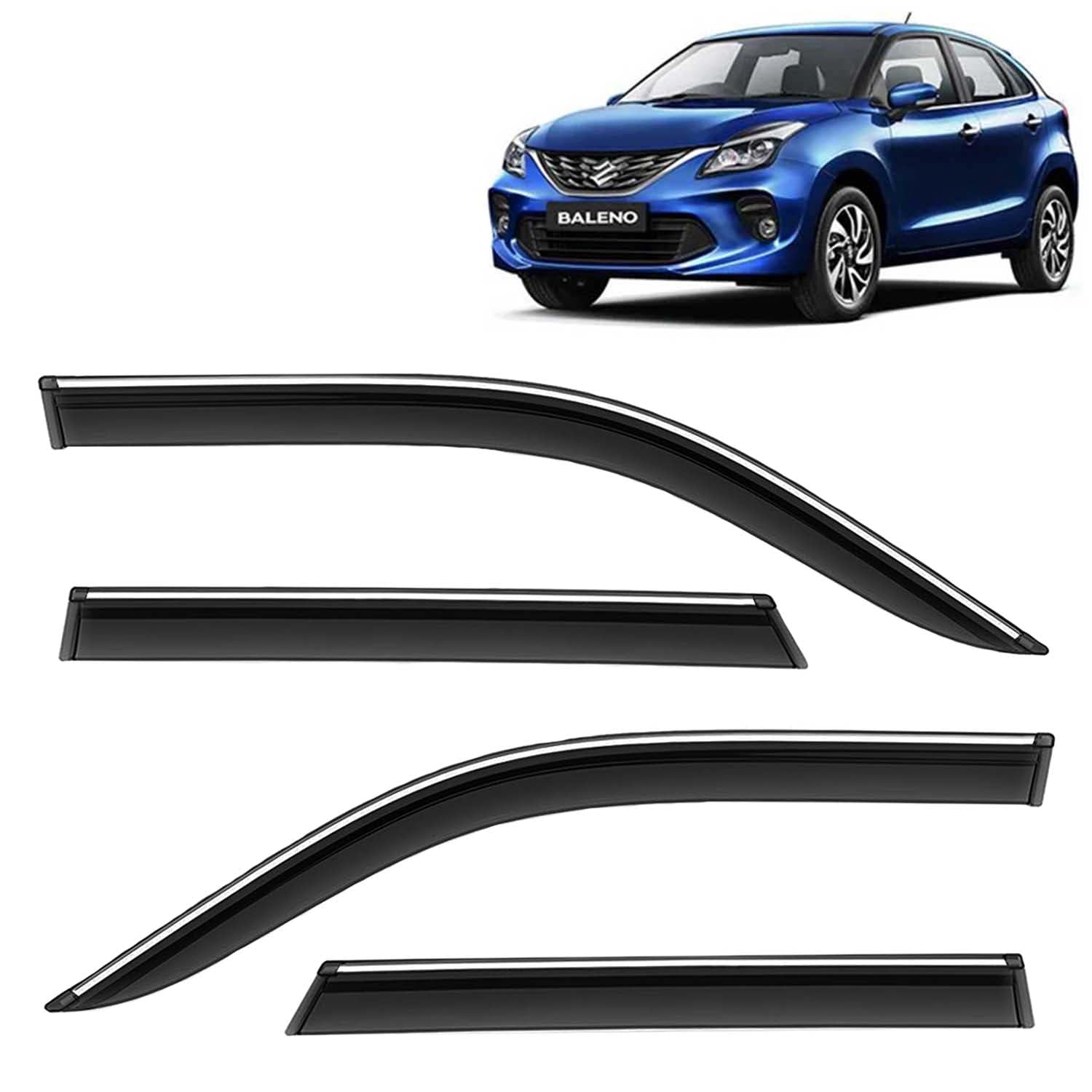 KINGSWAY Accessories Chrome Lining Door Visor Only Compatible with Maruti Suzuki Baleno Year 2019 to 2022 All Model, Premium Unbreakable Car Rain Guard Side Rear Wind Deflectors, Set of 4 Pcs
