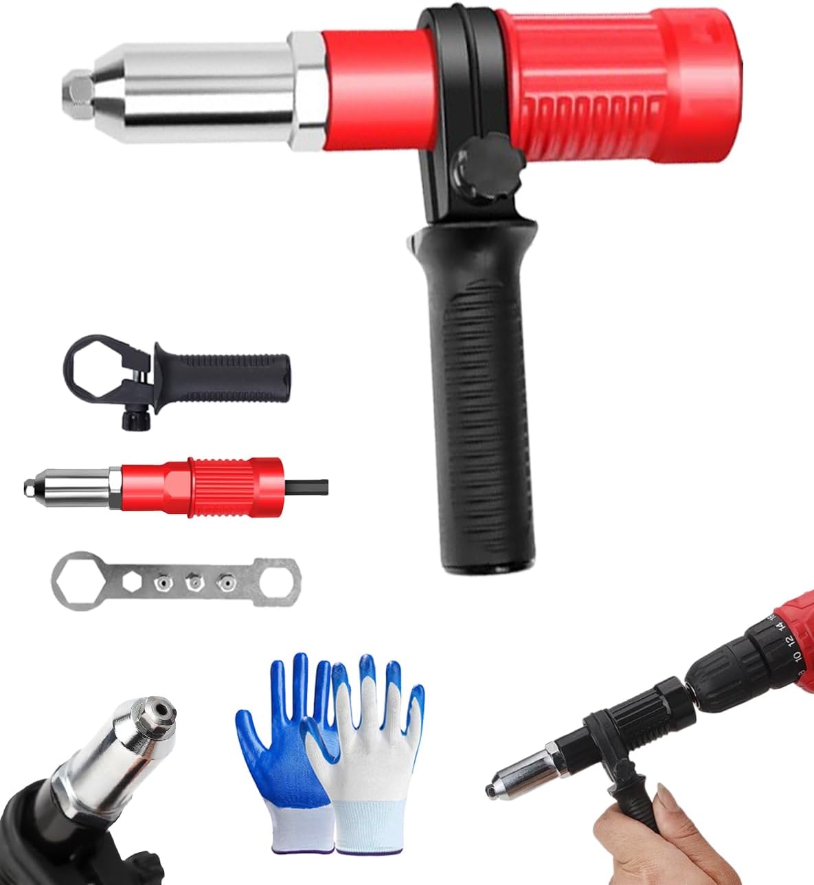 Electric Rivet Nut Drill Adapter, 2026 Professional Electric Rivet Gun Adapter Kit for Power Drill with 3/32" 1/8" 5/32" 3/16" Nosepieces, Heavy Duty Alloy Steel Riveting Tool for Automotive (Red)