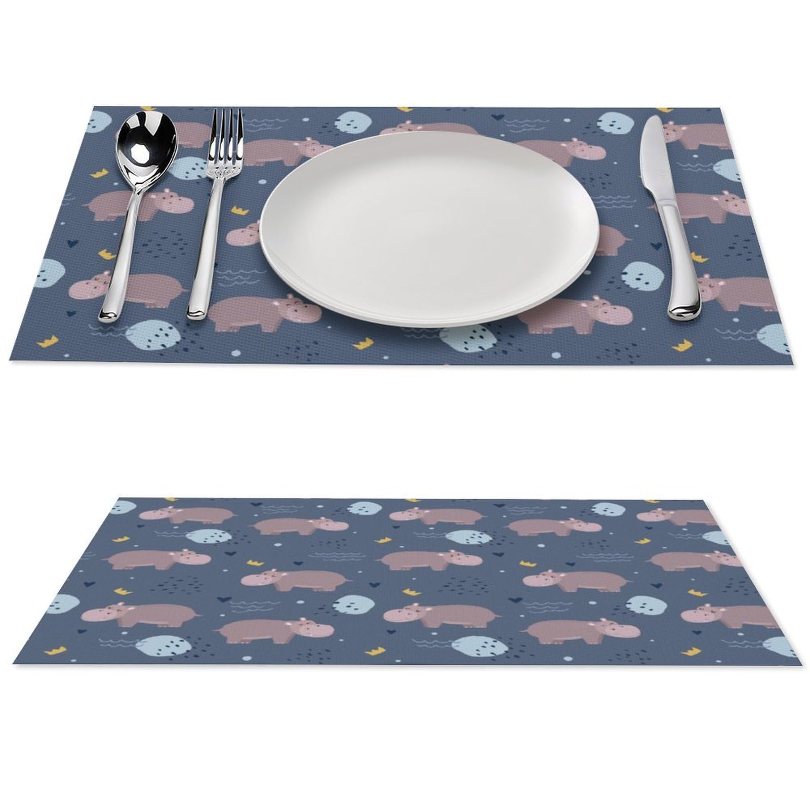 Hippo Animal Placemats Set of 2 PCS Washable Table Runner 18" X 12" Place Mats for Kitchen Party Dining Decoration