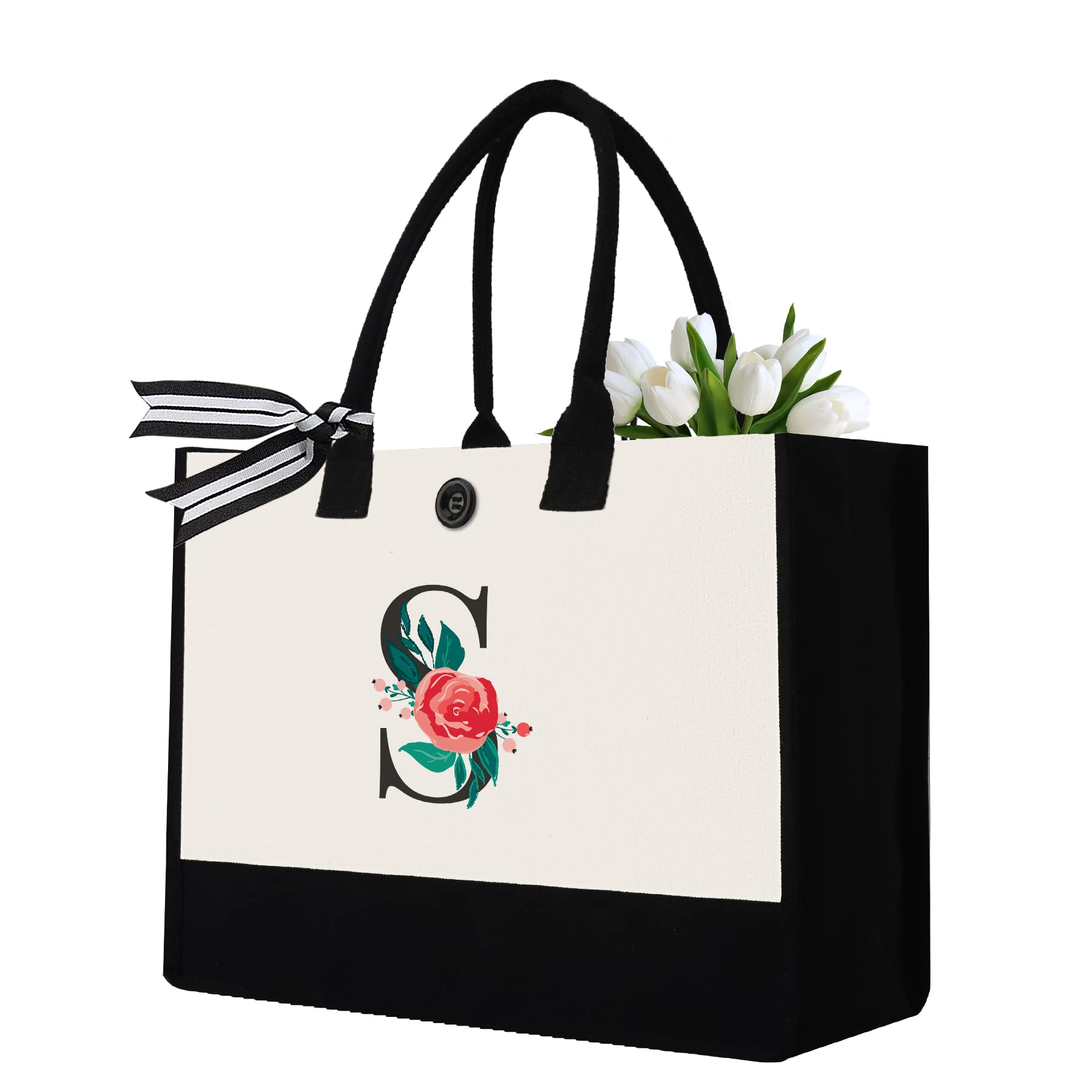 Personalized Initial Canvas Tote Bag, Monogrammed Gifts Bag for Wedding,Birthday, Mother's Day, Bridal Showerï¼ŒPresent Beach Bag for Women, Mom, Bridesmaids,Teachers