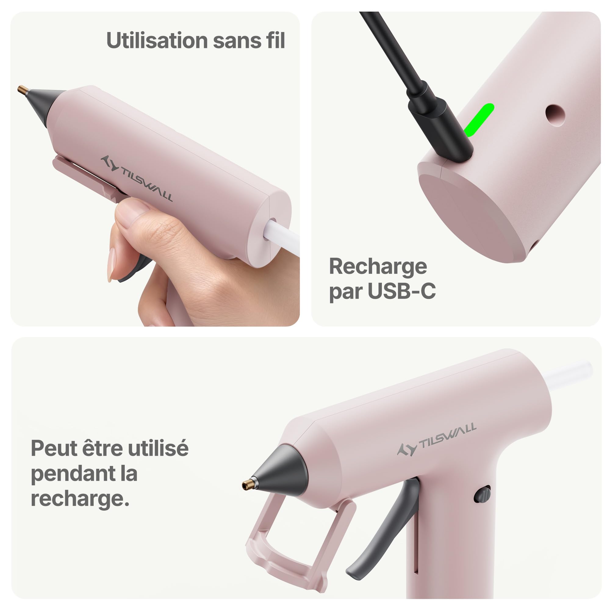 Tilswall Mini Pistolet à Colle Sans Fil Rose, Chauffe Rapide 90 s avec 20 Bâtons, Rechargeable pour DIY, Loisirs Créatifs, Décoration Maison et Réparation