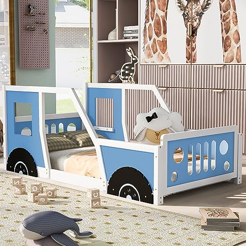 Twin Size Car Bed Wood Floor Bed Frame with Headboard Footboard and 4 Side Rails Kids Racecar Bed for Boys Girls Teens Blue