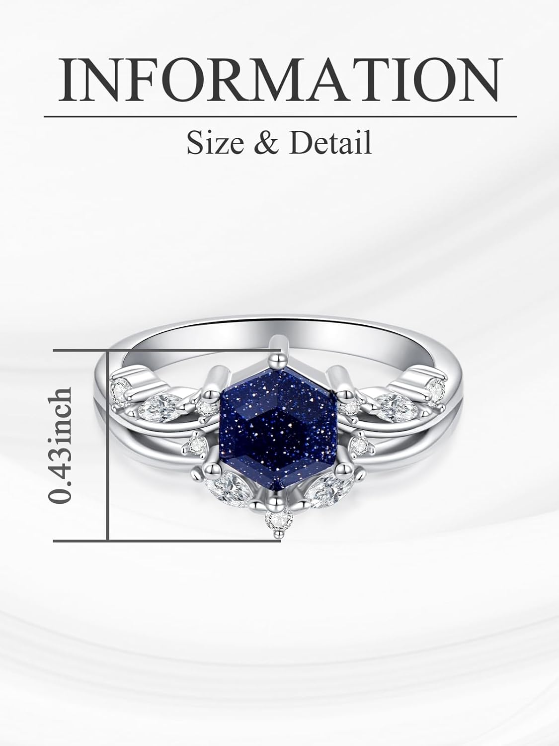 KZX Blue Sandstone Ring 925 Sterling Silver Hexagonal-cut Engagement Ring Unique Wedding Ring Jewelry Gift for Women (Ring Size 7-10)